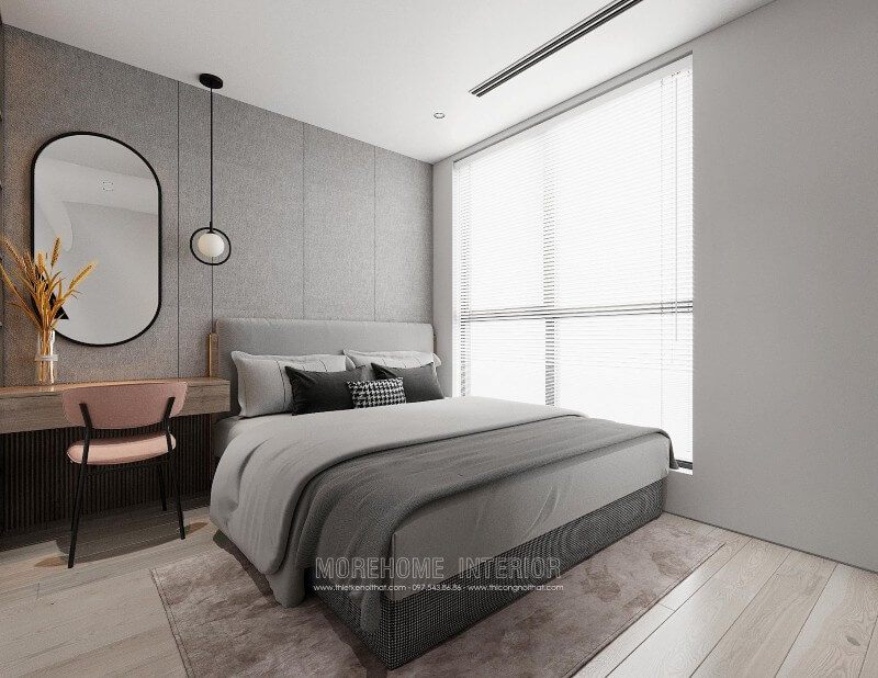 Mẫu giường ngủ chung cư hiện đại, tone màu xám nhẹ nhàng gợi cảm giác thanh thoát, tinh tế hơn cho khu vực nghỉ ngơi riêng tư của gia chủ